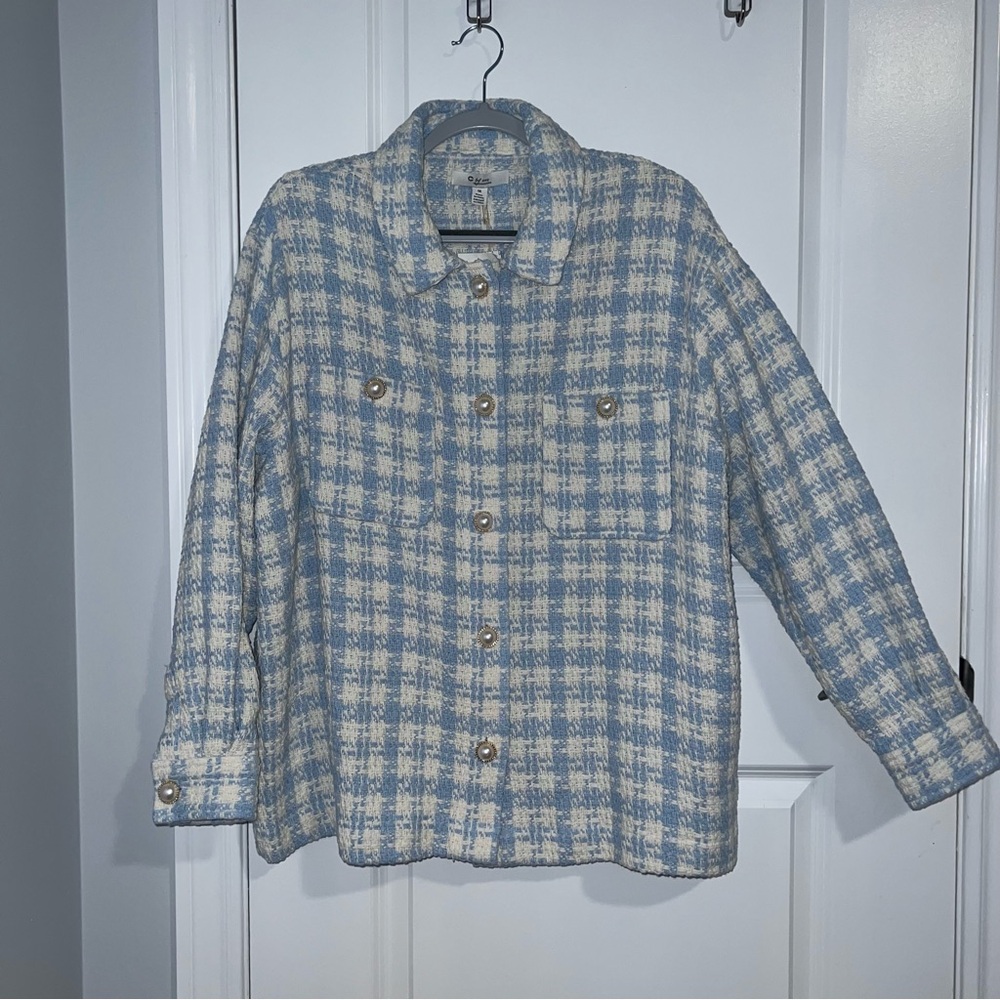Light Blue & Cream Plaid Button-Front Shacket